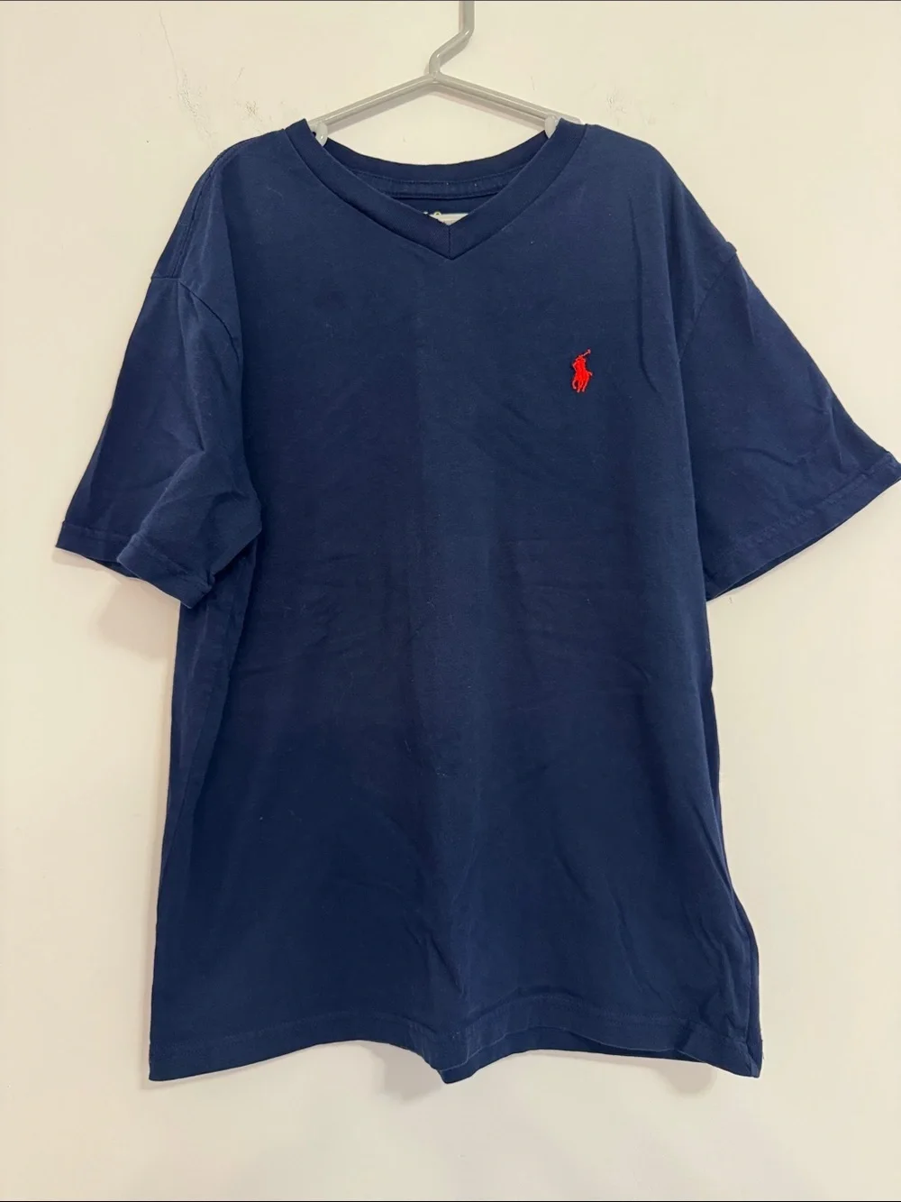 Ralph Lauren Navy V-Neck T-Shirt with Red Polo Emblem